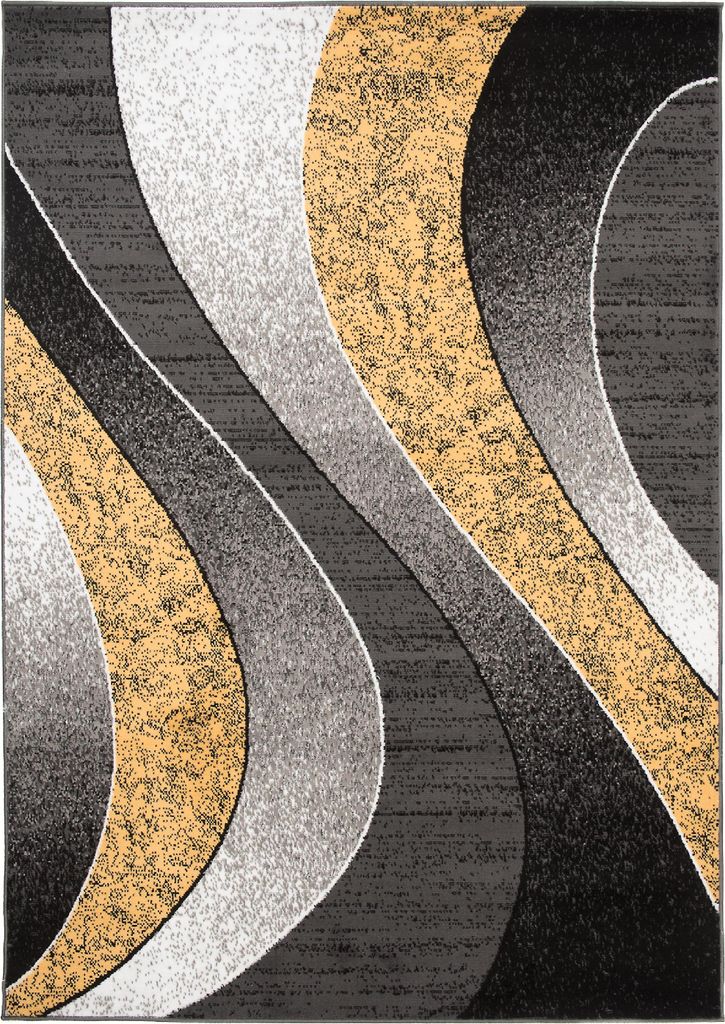 A close-up, top-down view of a modern rug with abstract wavy patterns.