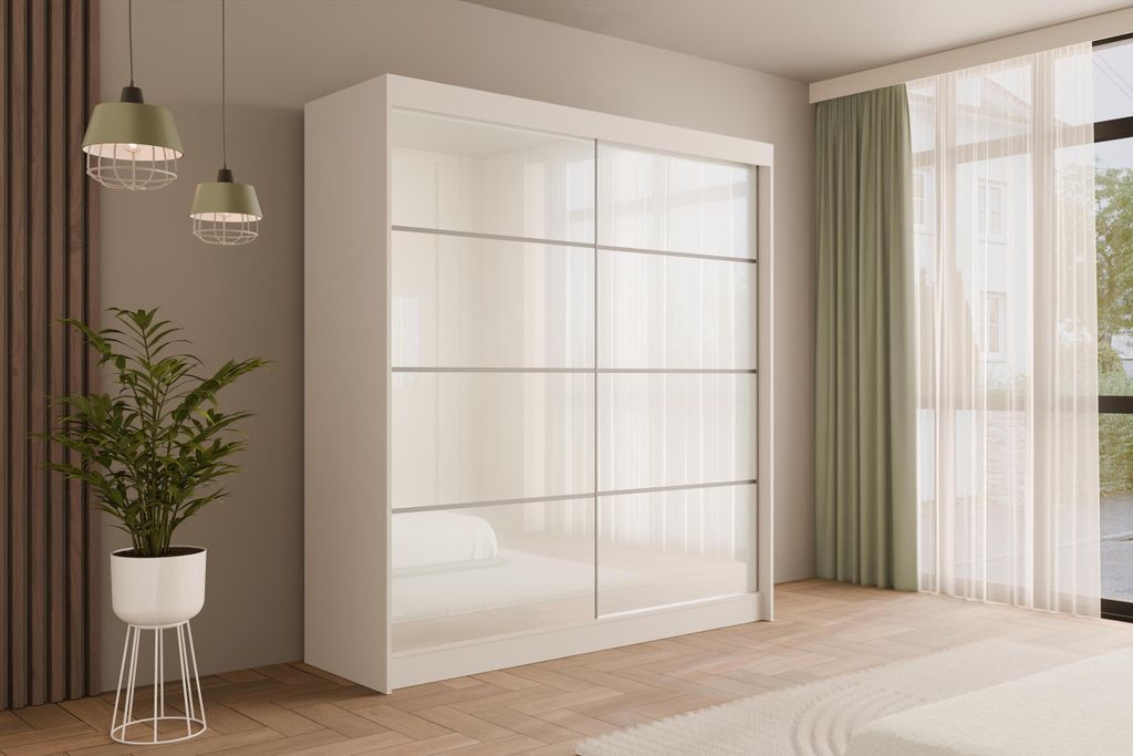 ALTDECOR Kleiderschrank mit Lacobel-Schiebetüren, kugelgelagerte Führungsschienen und Aluminium-Leisten - PEKA3 - 200 cm Weiß / Weiß
