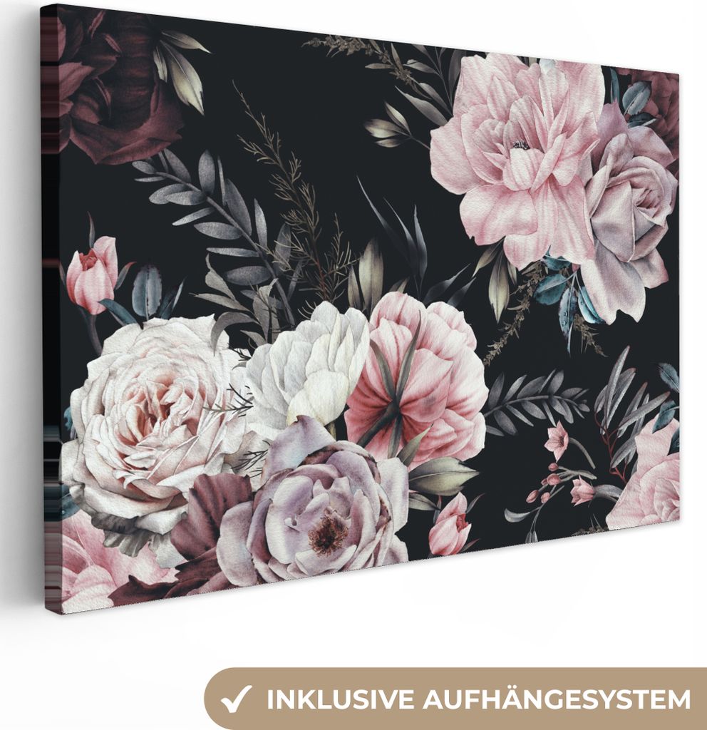MuchoWow - Leinwandbilder - Vintage - Rosen - Romantisch - Blumen, Wandbild, Wanddeko Bilder Wohnzimmer, 120x80 cm