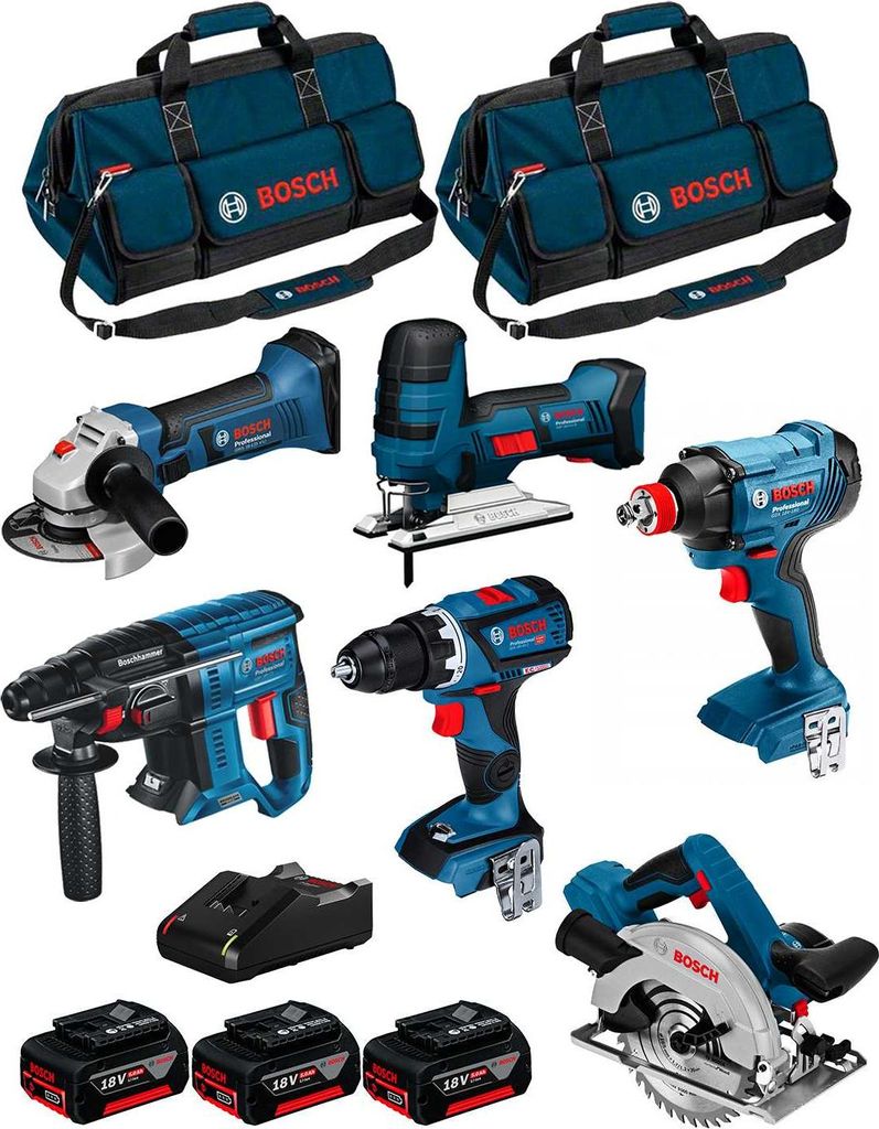 BOSCH Kit 18V BK602BAG (GDX 18V-180+GBH 18V-21+GKS 18V-57+GST 18V-LI S+GWS 18-125V-LI+GSR 18V-60 C+ 3x5,0Ah+GAL18V-40+2 Taschen)