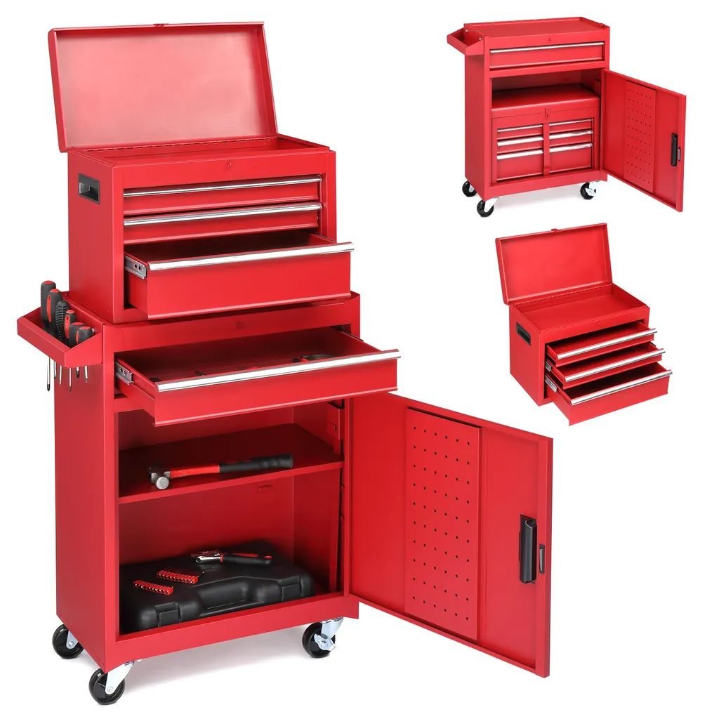 Servante d'Atelier Mobile à 4 Tiroirs et Caisse à Outils Combinée Rouge