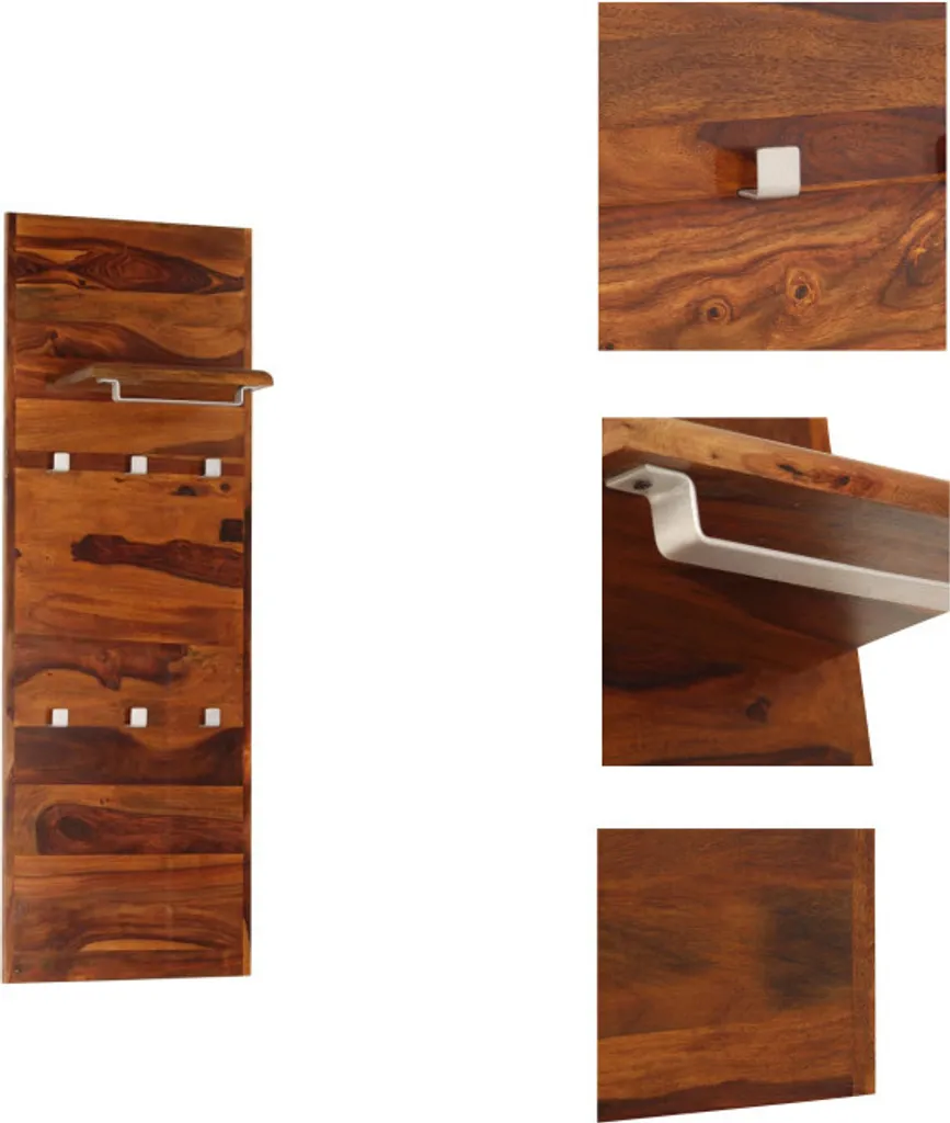 Porte-manteau Mural 118x40 cm en Bois Massif avec Patères Métalliques