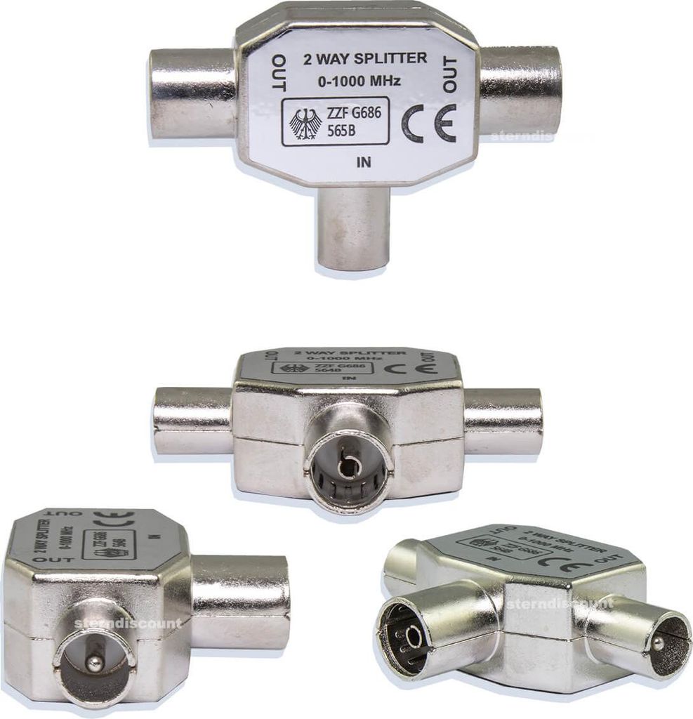 Transmedia Adapter; Zweigeräteverteiler für TV Antennenkupplung 9,5 mm 2 Antennenstecker 9,5 mm, FS 27