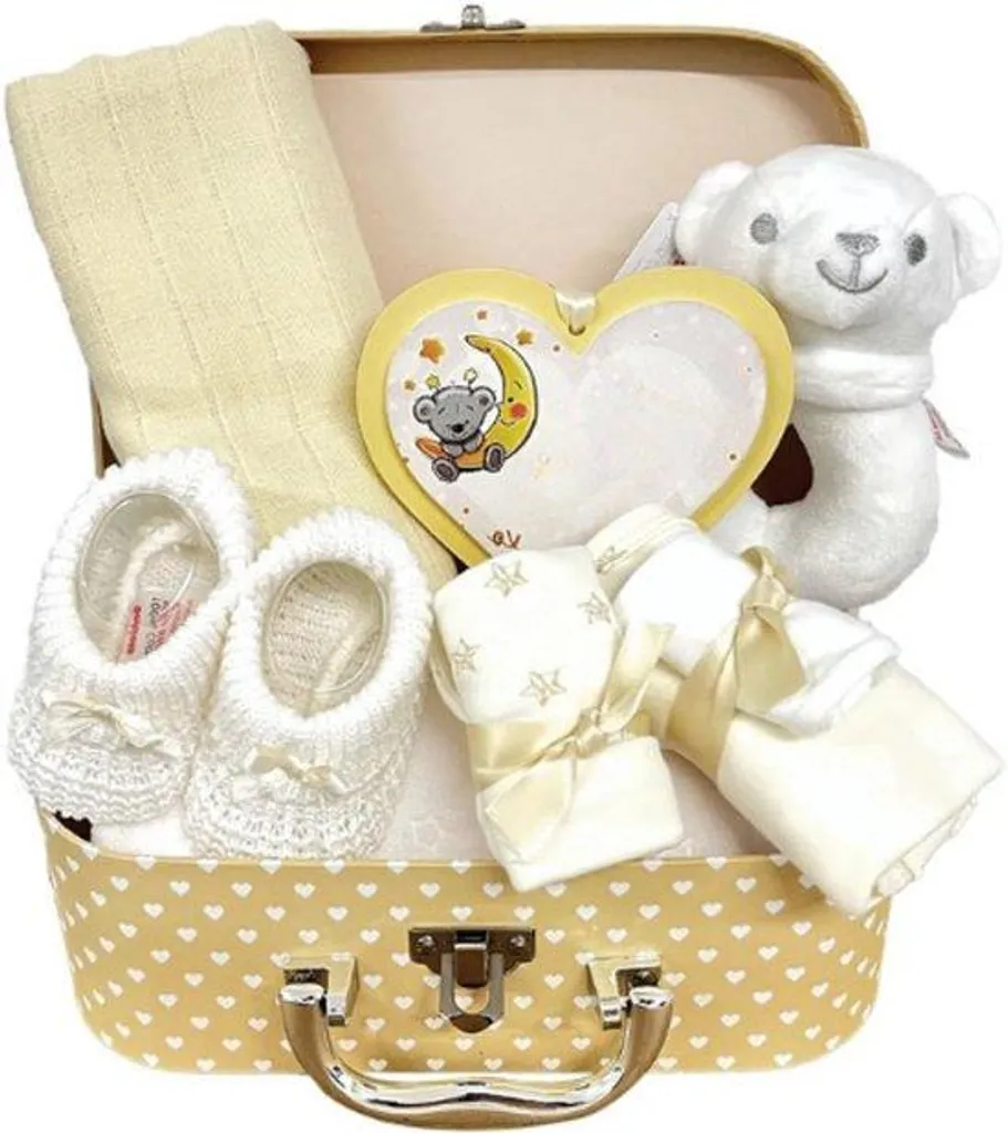 Coffret cadeau bébé : Hochet, cadre photo, bonnet et gants de naissance