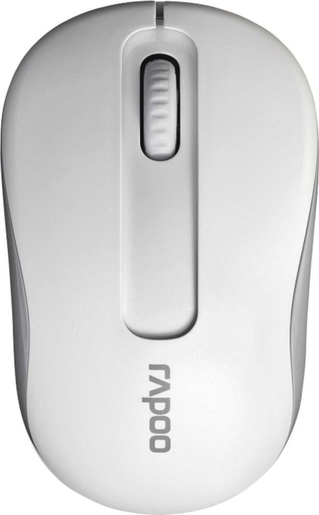 A top-down view of a white wireless optical mouse.