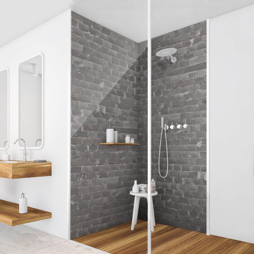 Duschrückwand mit Motiv selbstklebend - 0.61 mm Wandpaneel wasserfest Zement grau Steinoptik Shabby Badrückwand fugenlos Premium matt 100x210 cm