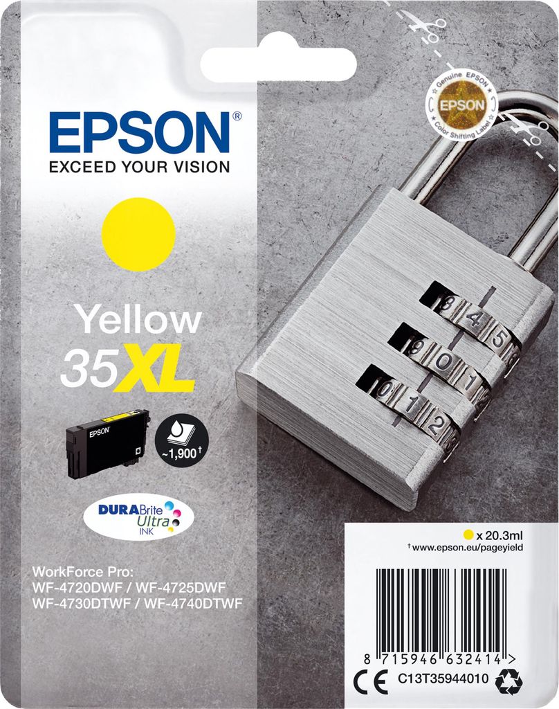 Epson Padlock Singlepack Yellow 35XL DURABrite Ultra Ink, Hohe (XL-) Ausbeute, Gelb, Tinte auf Pigmentbasis, 20,3 ml, 1 Stück(e), 1900 Seiten