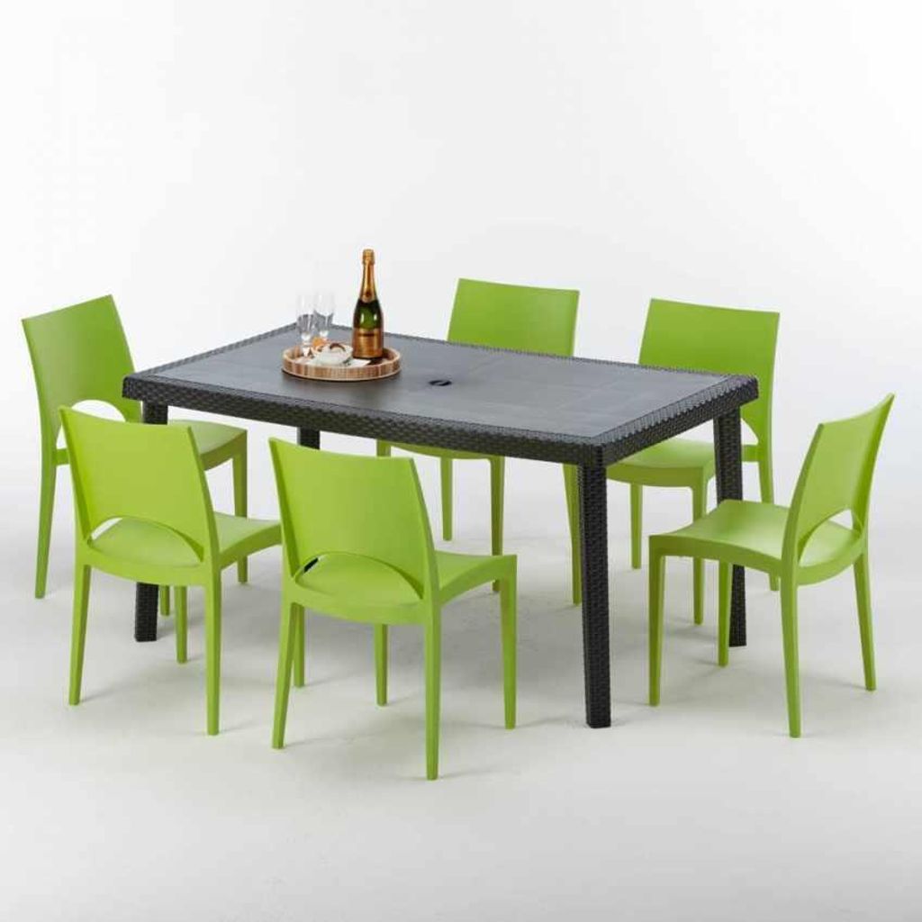 Poly Rattan Tisch Rechteckig mit 6 Bunten Polyrattan Stühlen 150x90 Schwarz