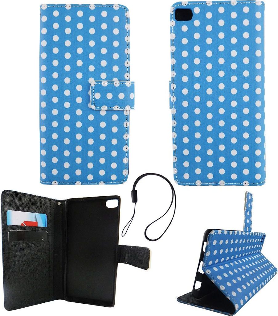 Handyhülle Tasche für Handy Huawei P8 Polka Dot Blau Weiss