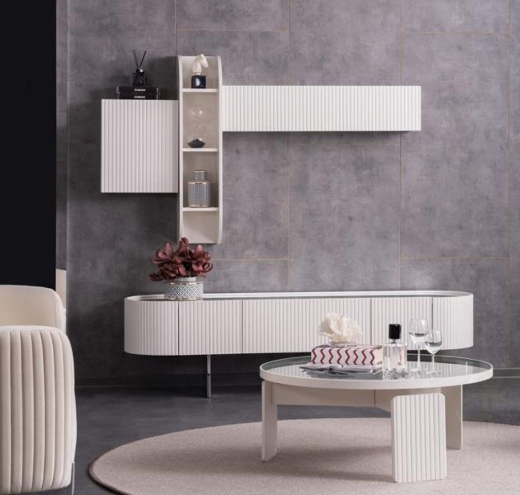 Wohnwand Couchtisch Sideboard Wandregal Verspiegelt Wohnzimmer Set Weiß