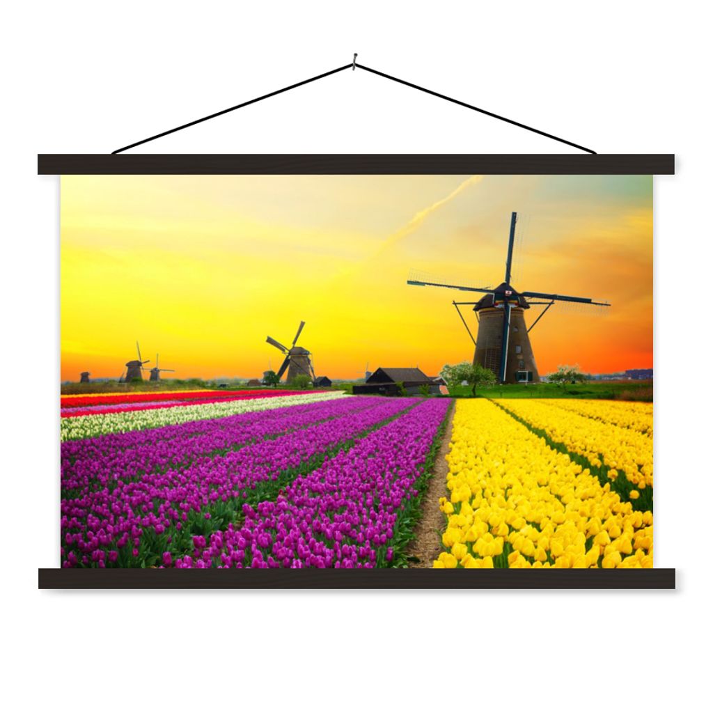 MuchoWow Textilposter Windmühle - Tulpen - Blumen - Frühling 120x80 cm mit schwarzem Rahmen - Wanddeko