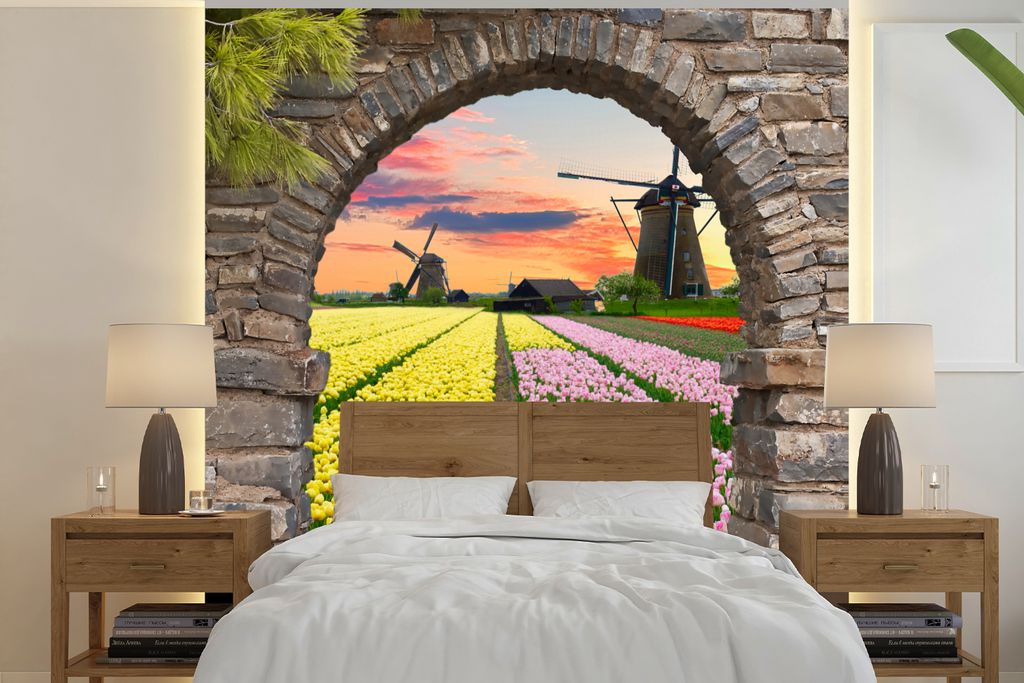 MuchoWow Fototapete für Wohnzimmer oder Schlafzimmer Wandtapete Vinyl Motivtapete Tulpen - Blumen - Mühle - Ansicht - 240x240 cm - Schlafzimmer...