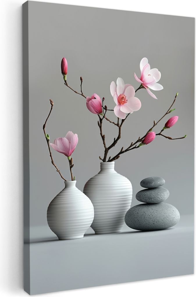 MuchoWow - Leinwandbilder - Magnolie - Blumen - Rosa - Zen-Steine, Wandbild, Wanddeko Bilder Wohnzimmer, 40x60 cm