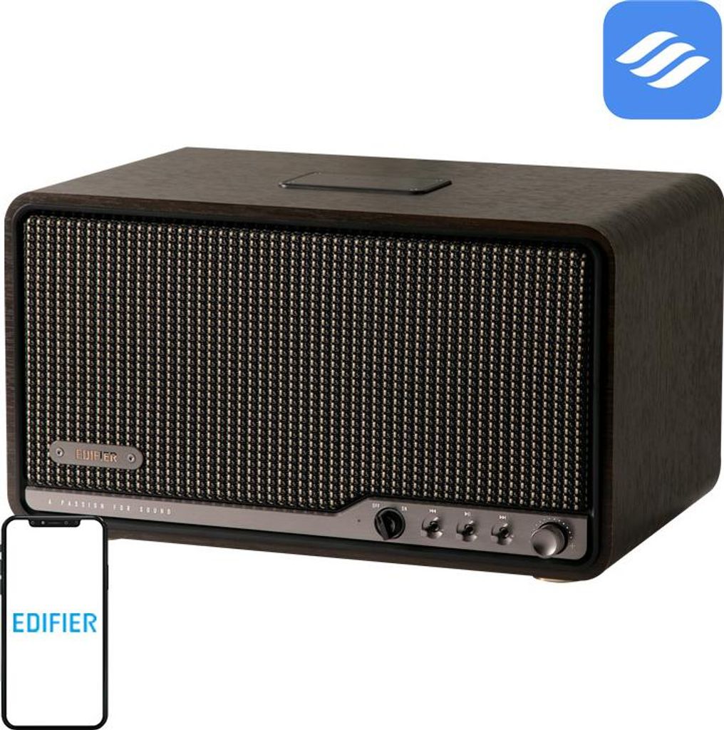A studio shot of a portable speaker with a smartphone displaying the Edifier logo.