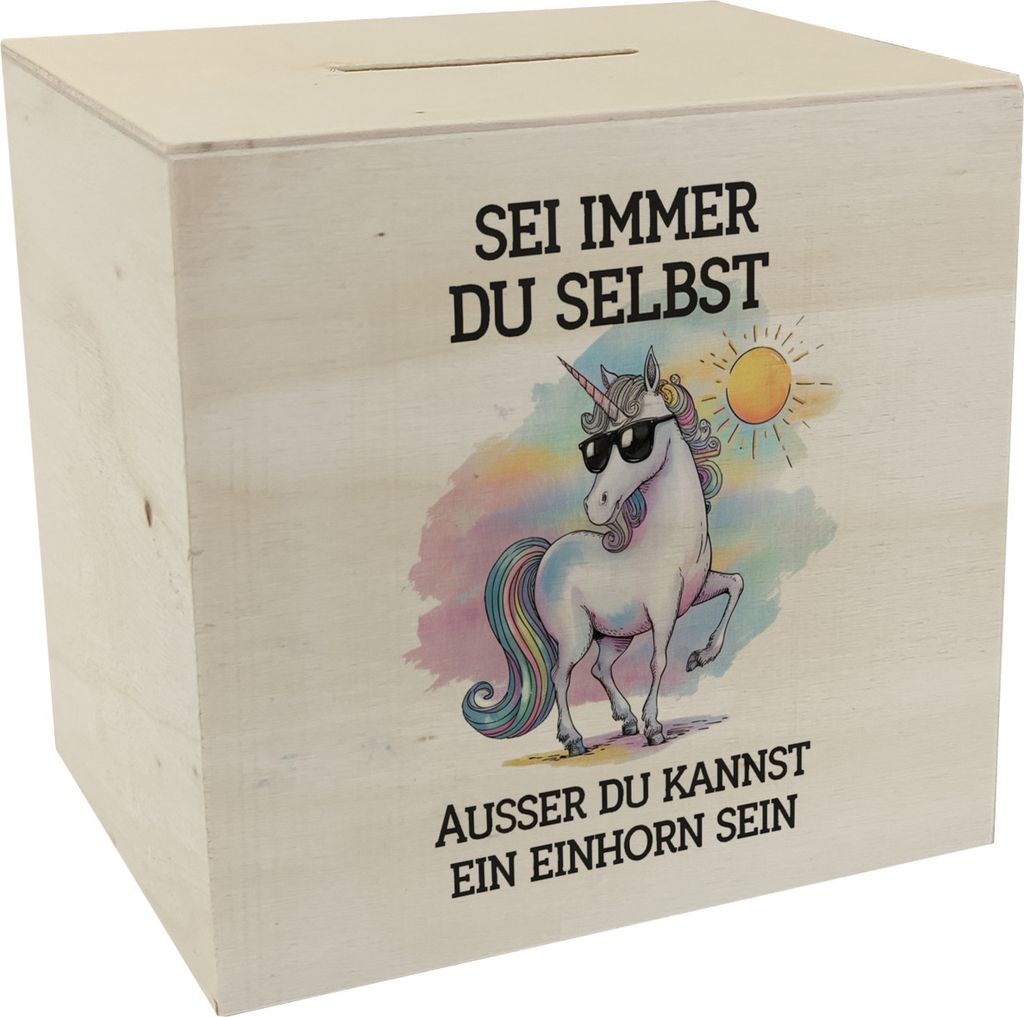 Einhorn mit Sonnenbrille Spardose aus Holz Sei ein Einhorn
