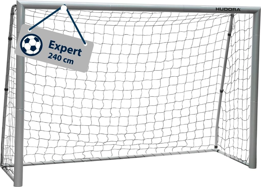 A soccer goal with a tag indicating its size and model.