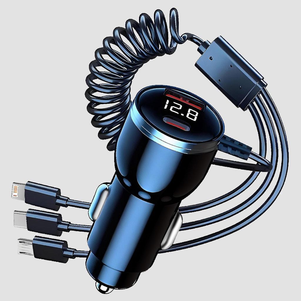 USB-Autotelefon-Ladeadapter mit einziehbarem Kabel, LED-Spannungsanzeige, 4-in-1-Schnellladefunktion für iPhone, Samsung und Huawei