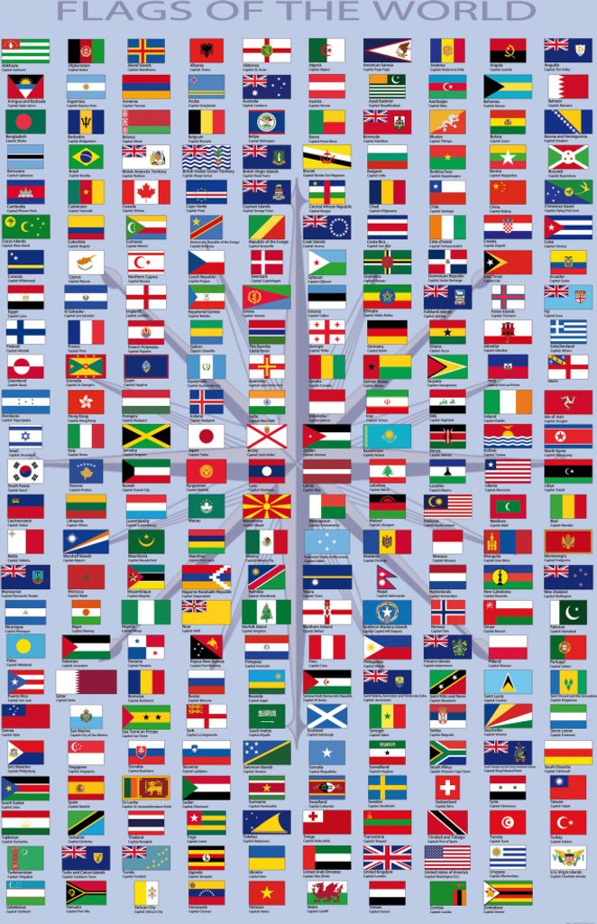 Flaggen Der Welt Kunstdruck Bild - Ländernamen Und Hauptstädte, In Englisch (180 x 120 cm)