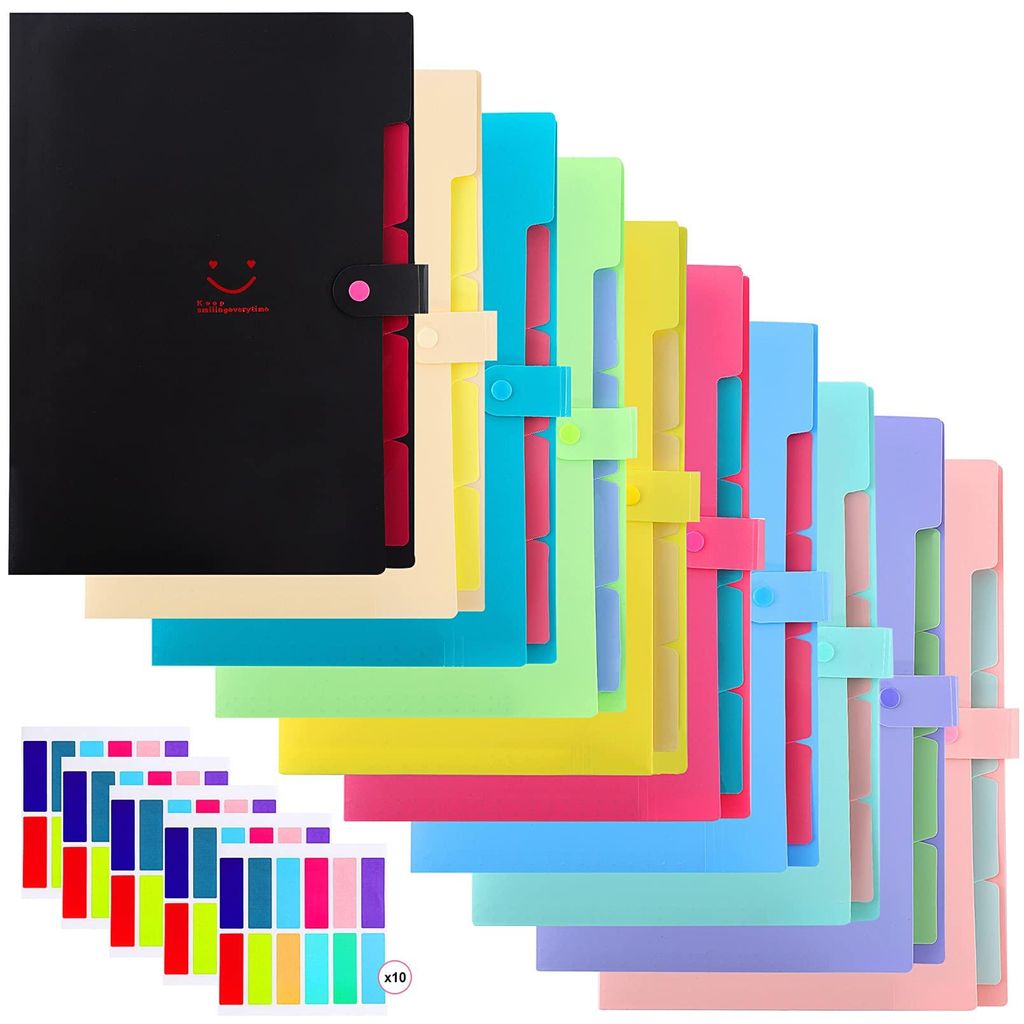 10 A4-Dokumentenmappen, erweiterbar mit Druckknopfverschluss, 5 Fächer, Dokumentenorganizer mit 120 Etiketten, 10 Farben