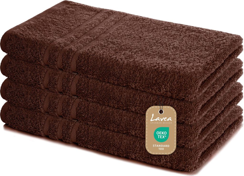 Lavea 4er Set Handtuch 50x100 cm – Saugstarke und Weiche Handtücher aus 100% Baumwolle, Frottierserie Elena – Kaffeebraun