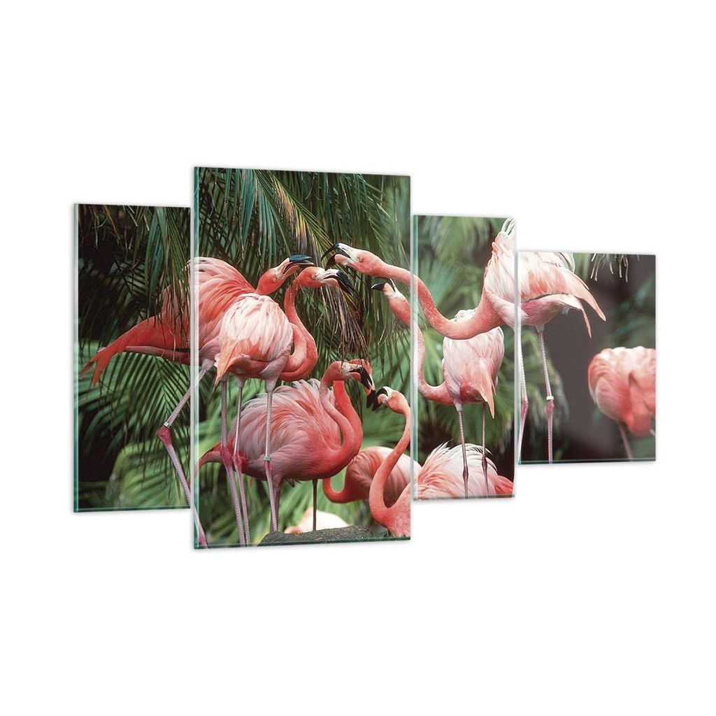 Bilder auf glas - 4 Teile - Palmen Herde Flamingos - 120x70cm - Glasbilder - Wandbilder - Bilder - zum Aufhängen bereit - Wanddekoration aus Glas ...