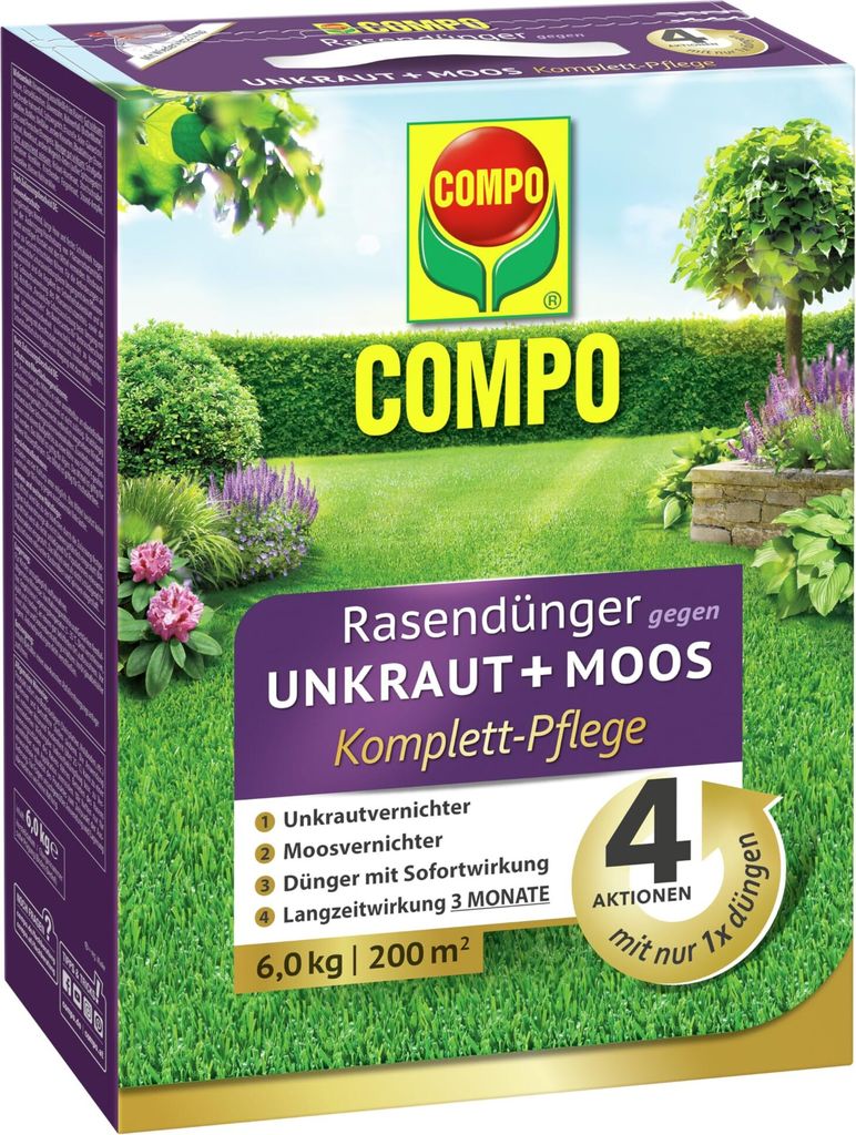 COMPO Rasendünger gegen Unkraut + Moos Komplett-Pflege - optimale Nährstoffversirgung - 3 Monate Langzeitwirkung - gegen Moos und Unkraut - 6 kg ...
