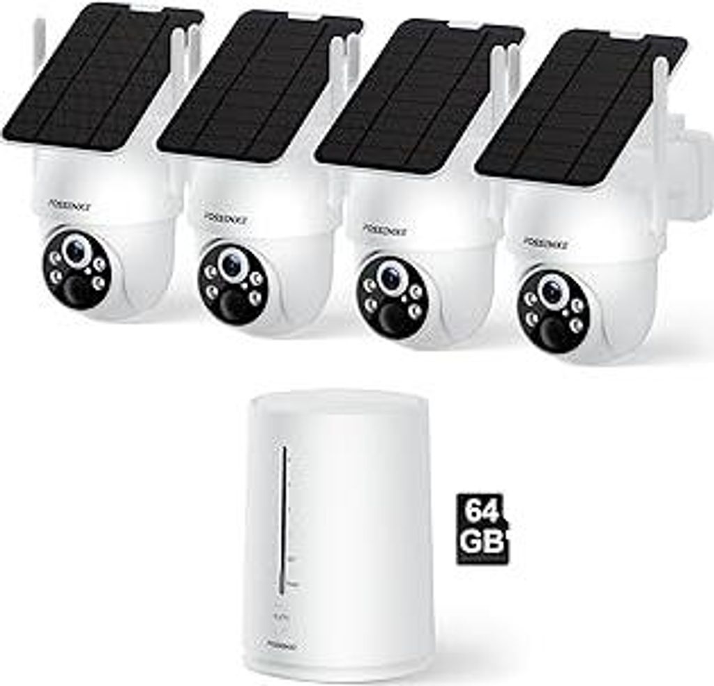 2K Überwachungskamera Aussen Solar WLAN, 4er-Kit mit Lagerbasis, Keine Gebühren, 360° Schwenken & Neigen, 64GB Speicher, Solar Kamera WLAN Outdo...