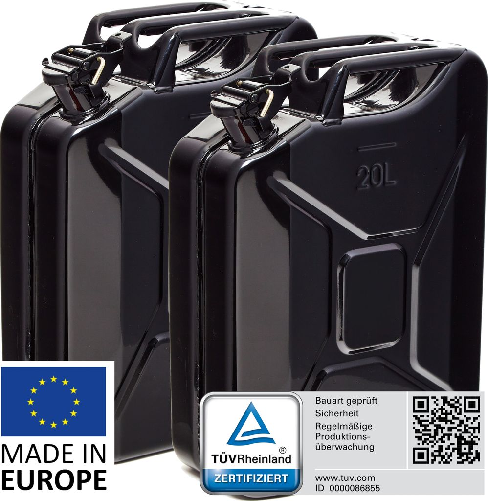BW Kraftstoffkanister Metall Benzinkanister 2x 20 Liter - Schwarz RAL 9005 - UN-Zulassung - Hergestellt in Europa