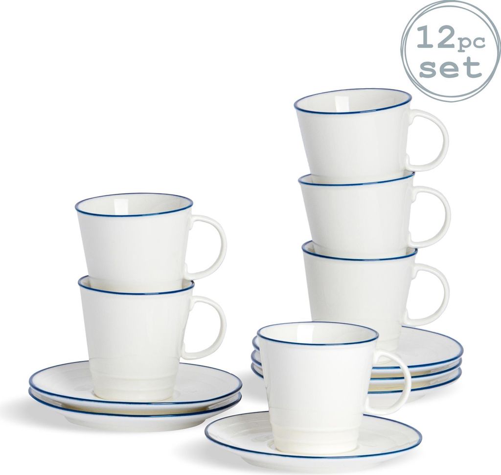 Nicola Spring 12 Stück Country Farmhouse Weiß Espresso Tasse und Untertasse Set mit Blue-Felgen - 90ml