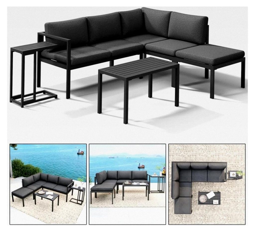 Gartenmöbel Set Aluminium Ecklounge mit Hocker und Beistelltisch | wetterfest und rostfrei | Essgruppe mit extra dicken wasserabweisenden Kissen