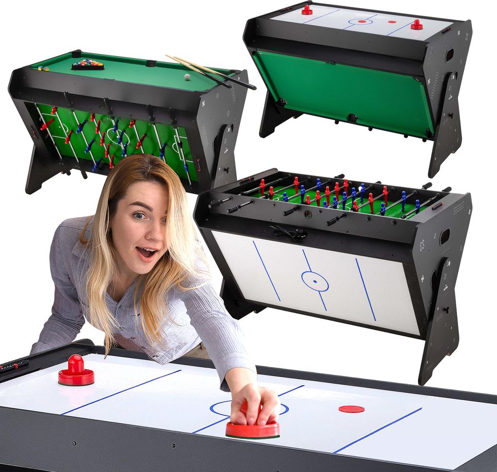 Outtec 3in1 Spieltisch - Kickertisch, Tischbillard, Airhockey - 121x84x85 cm - Tichfußball, Air Hockey, Billard für Kinder und Erwachsene