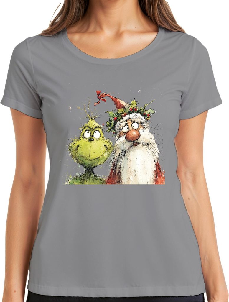 Grinch Weihnachtsmann frech Weihnachtsspaß Aquarell Cartoon Damen T-Shirt, Grau, 3XL
