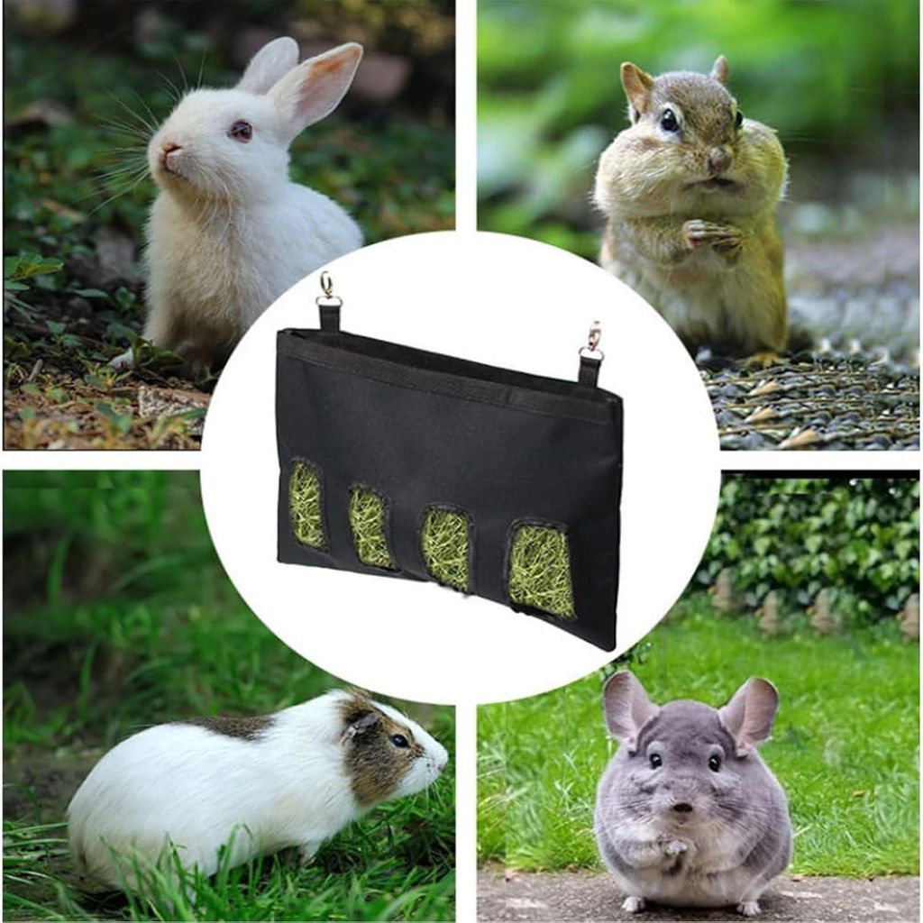 Heu-Futterspender Stofftasche für Meerschweinchen, Hängende Futtertasche für Kaninchen, Chinchillas, Hamster und kleine Tiere (4 Öffnungen Schw...