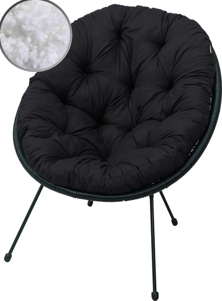 A black round cushion with tufting, placed on a dark metal frame with three legs. A small inset circle shows a close-up of white filling material.