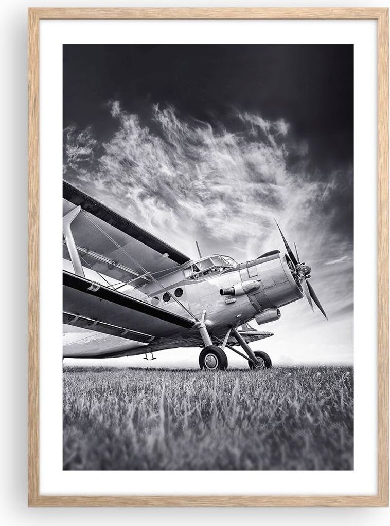 Gerahmtes Poster - Rahmen in heller Eiche - Flugzeug An-2 Schwarzweiß - 50x70 cm - Wand Bild - Wanddeko - Wandbilder - Wandposter - Bilderrahmen -...
