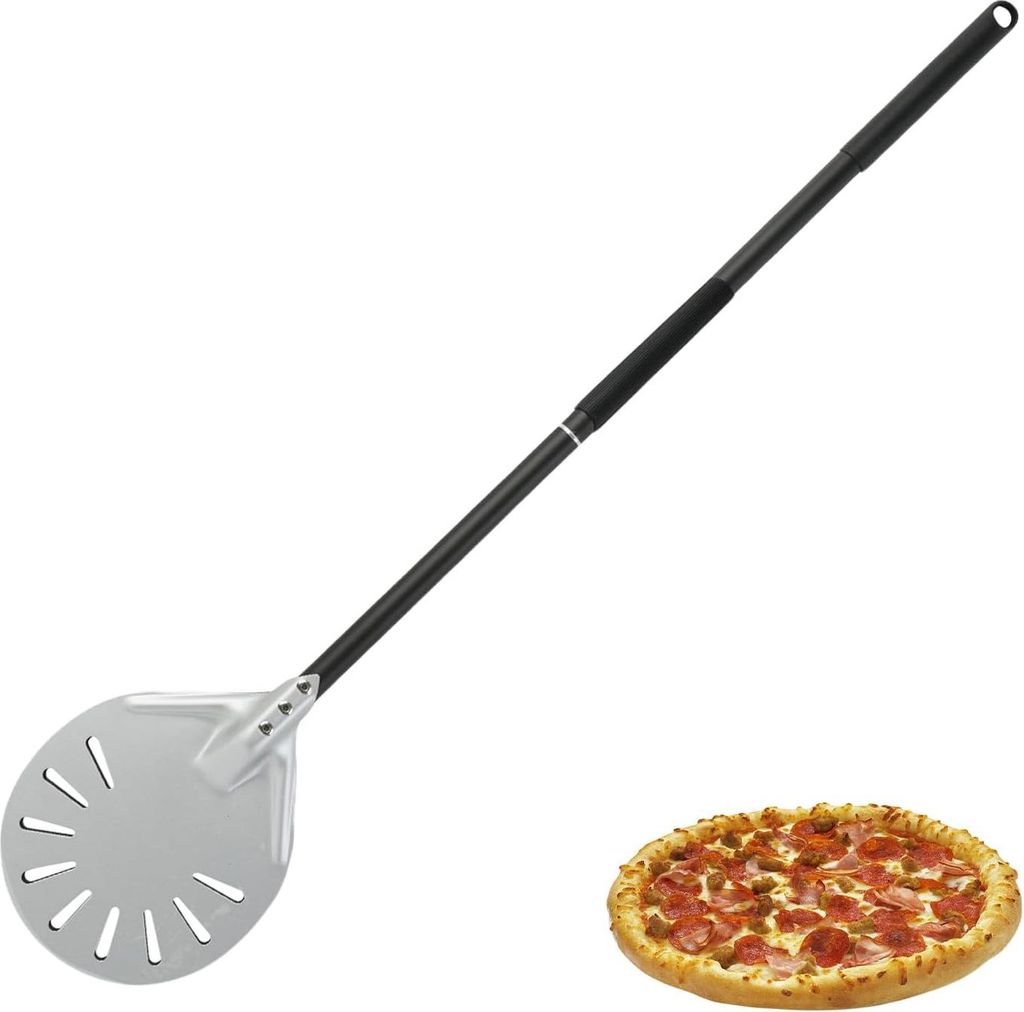 6 Zoll perforierte Pizzaschaufel rund: 80 cm hart anodisierte Pizzaschaufel aus rostfreiem Stahl mit abnehmbarem verlängertem Silikonhandgriff, Pi...