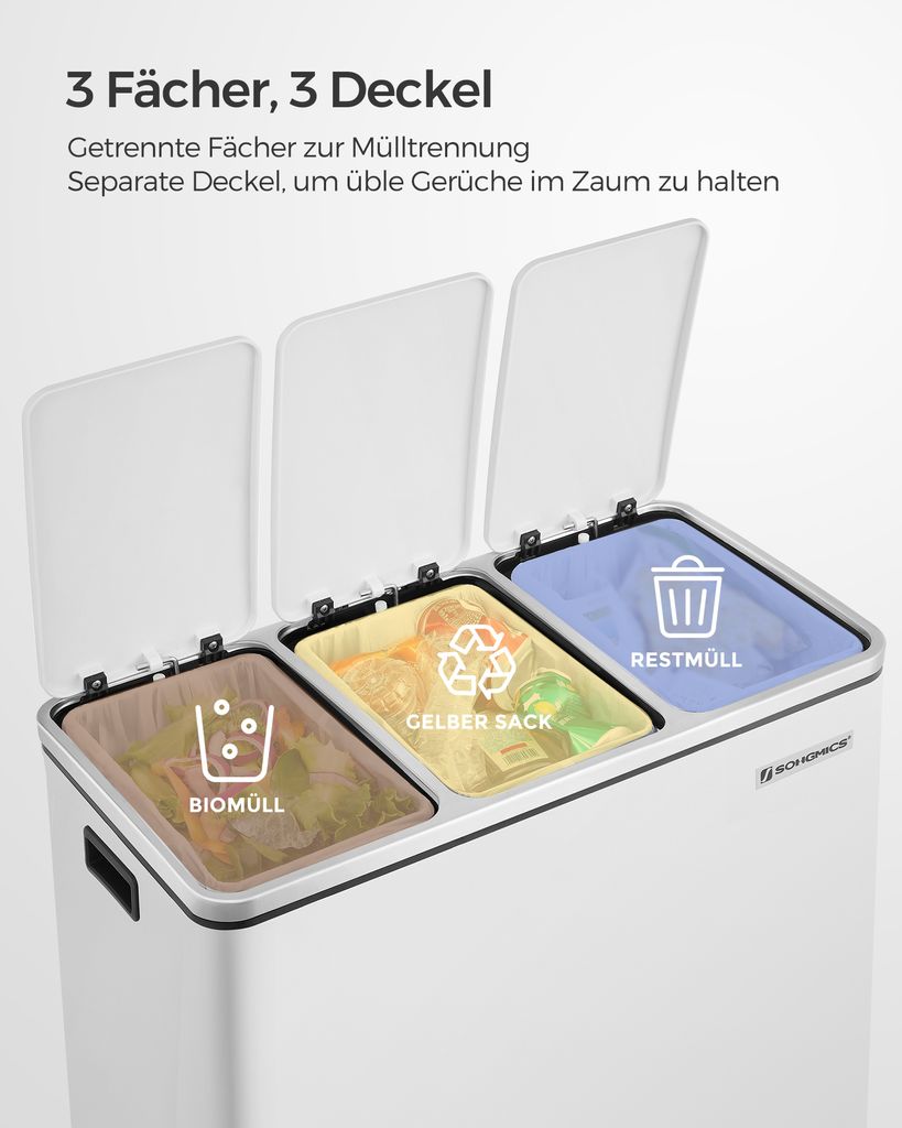 SONGMICS Mülleimer Mülltrennsystem, 3 x 18 L, ergonomisch, Produktbild 4