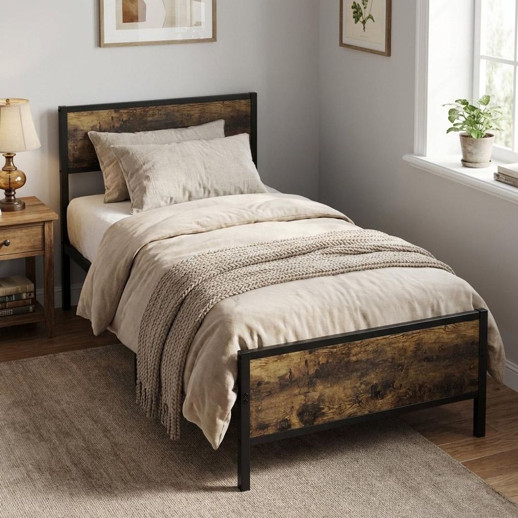 Bett mit Lattenrost 90x200 140x200 cm Einzelbett/Doppelbett Gästebett mit Kopfteil Metall Bettgestell