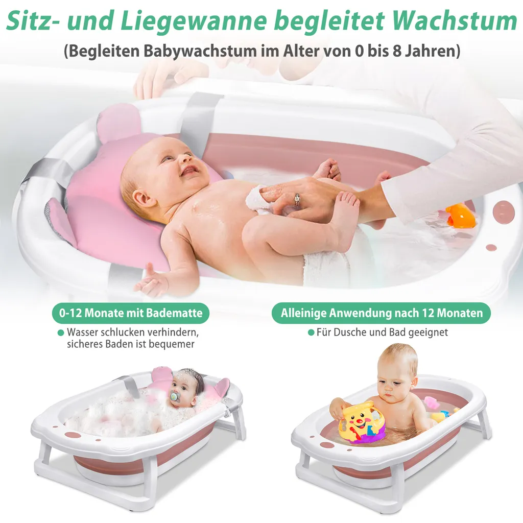 Baignoire Bébé de Voyage Pliable avec Support de Bain Doux et Stable