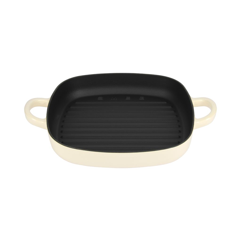 A top-down view of a square grill pan with two handles, set against a white background.