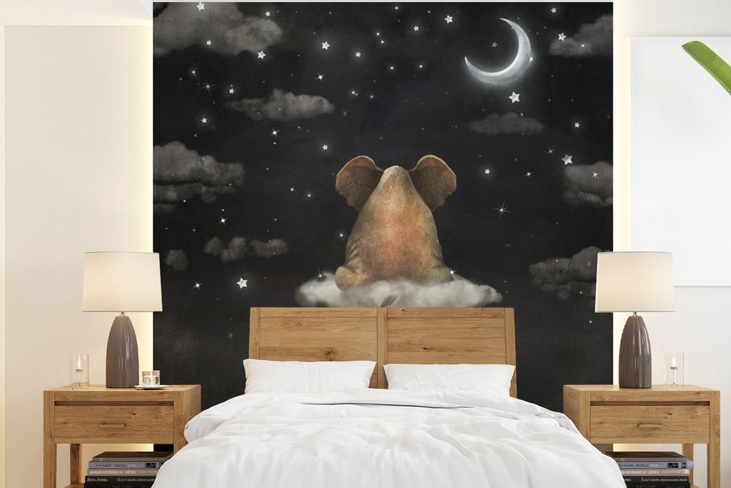MuchoWow Fototapete für Wohnzimmer oder Schlafzimmer Wandtapete Vinyl Motivtapete Elefant - Mond - Sternenhimmel - 220x240 cm - Wohnzimmer-Tapete