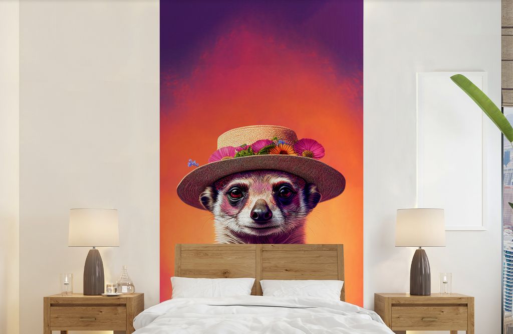 MuchoWow Fototapete für Wohnzimmer oder Schlafzimmer Wandtapete Vinyl Motivtapete Erdmännchen - Blumen - Hut - Tiere - Porträt - 120x240 cm - ...