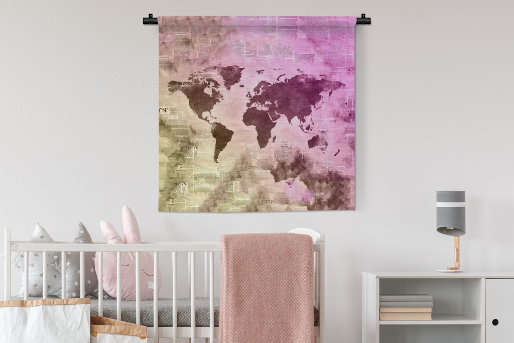 MuchoWow Wandteppich Wandbehang Weltkarte - Farben - Zeitungen 90x90 cm Tapisserie Dekoration Wandtuch - Wandaufhänger