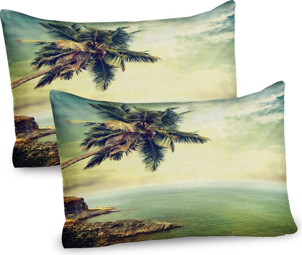 ABAKUHAUS hawaiisch Kissenbezug Packung mit 2, Palme Rocky Shore Karibik Nebel Reisen Resort Scene Druck, Dekorativer Gedruckter Kissenbezug, 80x40...