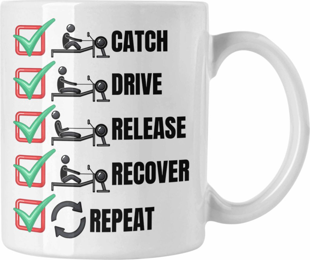 Trendation - Rudern Tasse Geschenk Ruderer Rudergerät Catch Drive Release Recover Repeat Ruder-Verein Geschenkidee Kaffee-Becher (Weiß)
