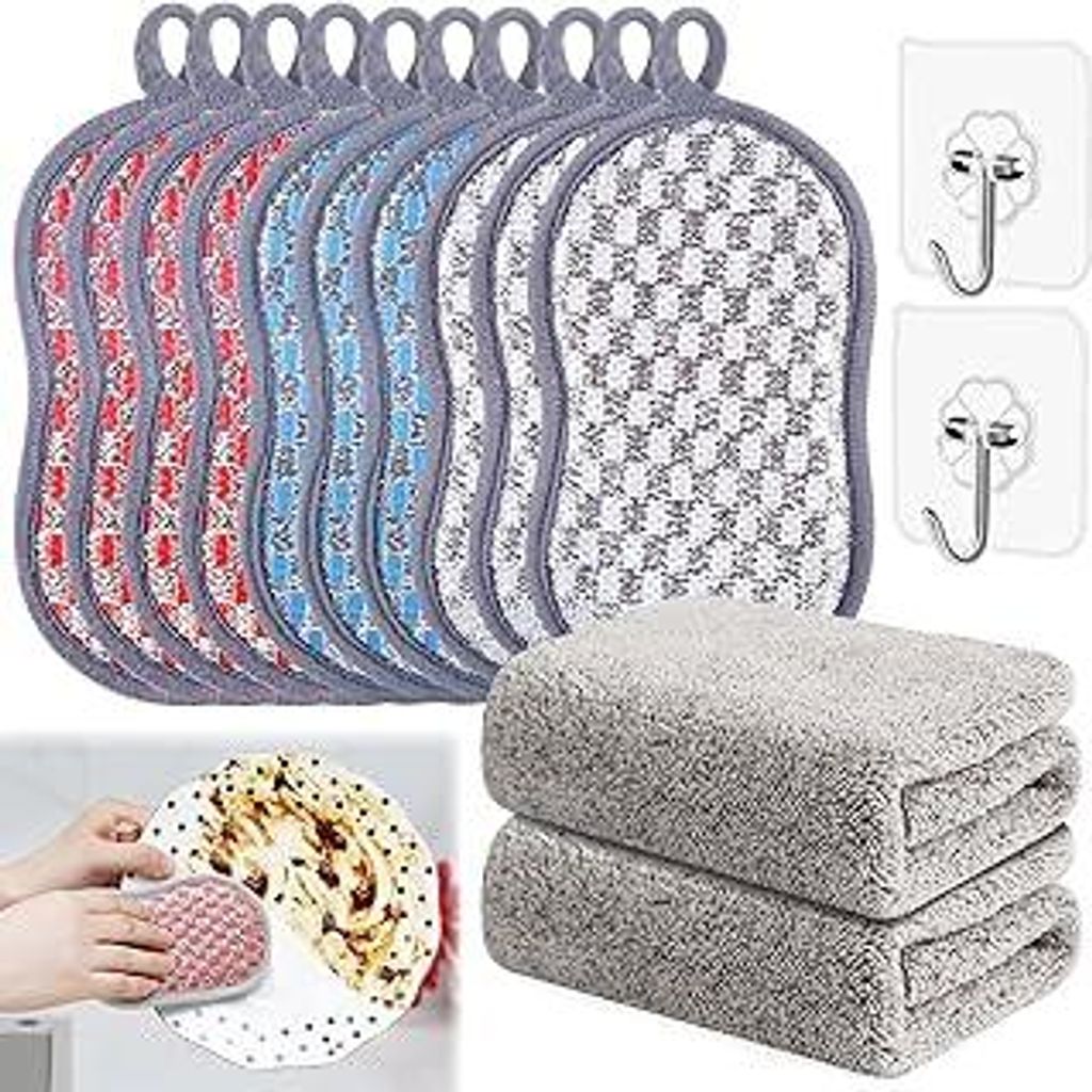 Spülschwamm Waschbar, 14 Stück Küchenschwamm Set mit 2 Reinigungstücher und 2 Haken,Mikrofaser Putzschwämme Doppelseitenschwämme für Reinigu...