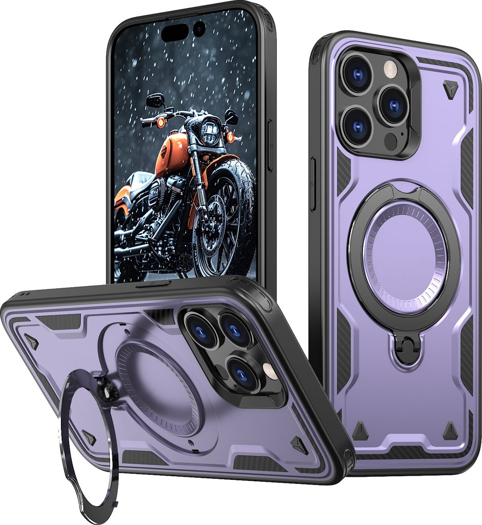 Dual Layer Hülle für iPhone 14 Pro Metall Ring Ständer Magnetisch Stoßfest Militär Handyhülle Lila