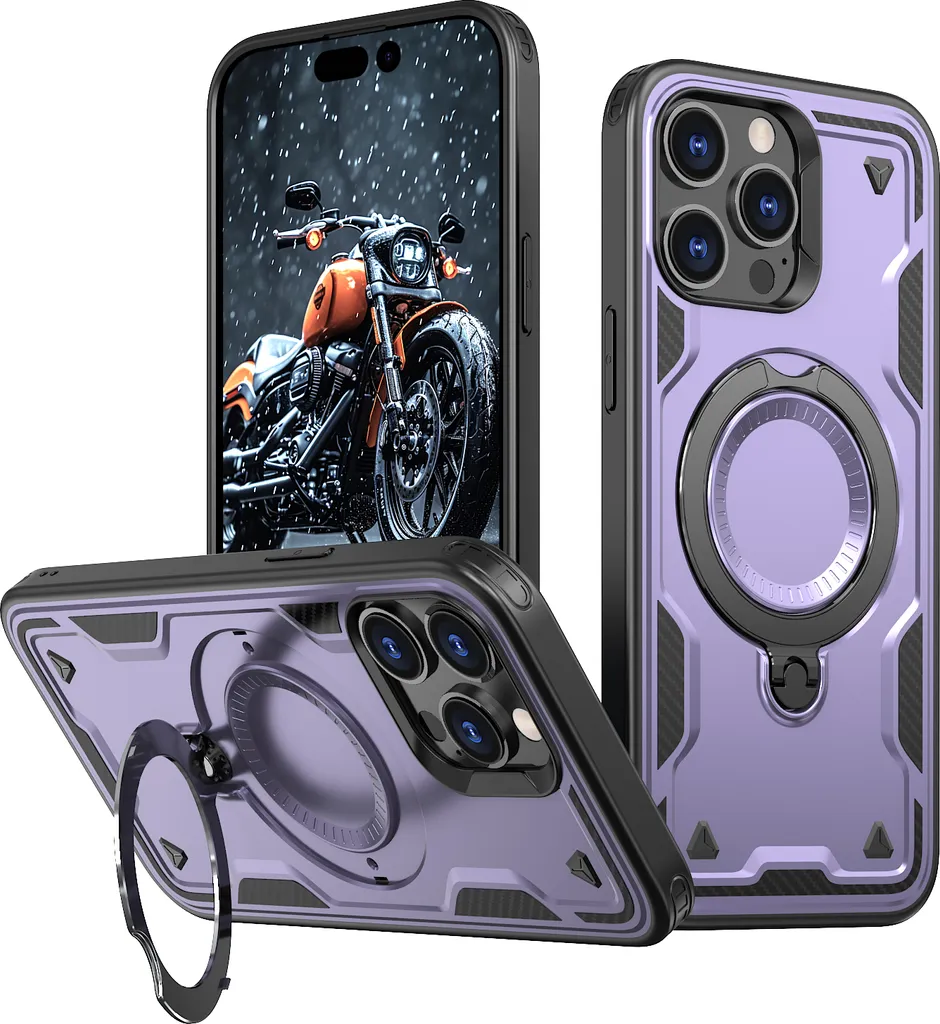 Custodia a doppio strato per iPhone 13 Pro, custodia protettiva militare magnetica con anello e supporto in metallo Viola