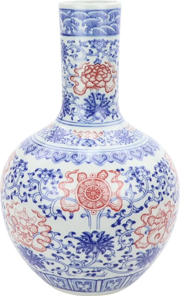 Vase Moderne de Table en Céramique Motif Lotus Oriental Bleu Rouge