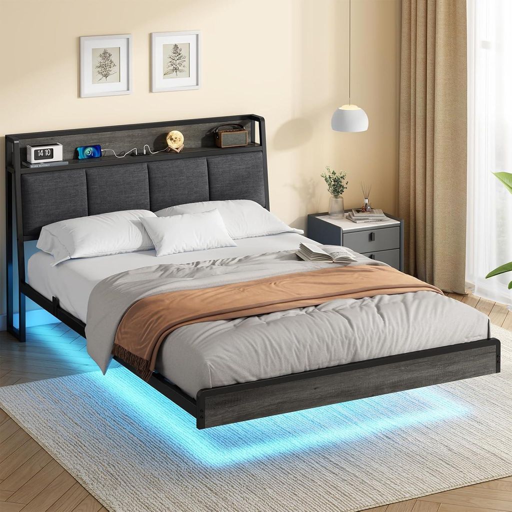A bedroom scene featuring a bed with a headboard, nightstand, and window.